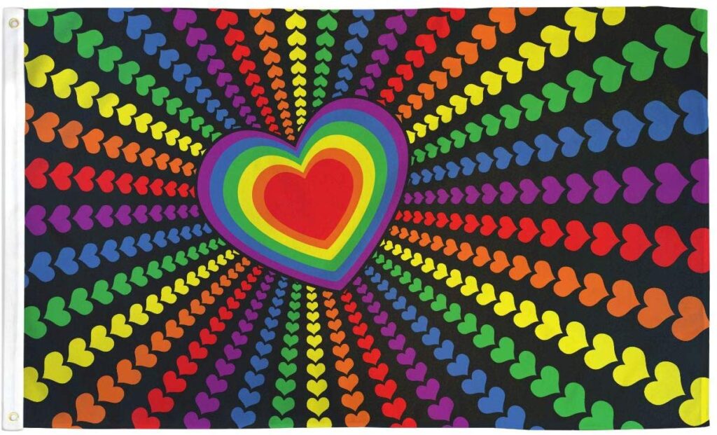 graphic: rainbow colored hearts radiating from larger nested hearts- Noah's Bazaar - Newport, Oregon