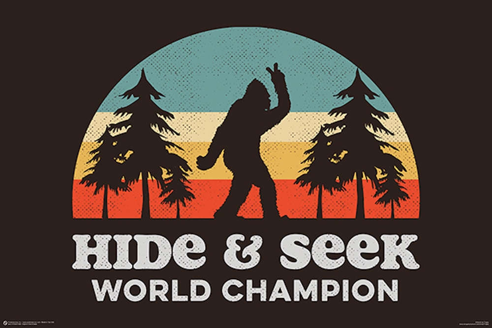 graphic: silhouettes of bigfoot and evergreen trees "HIDE & SEEK WORLD CHAMPION
